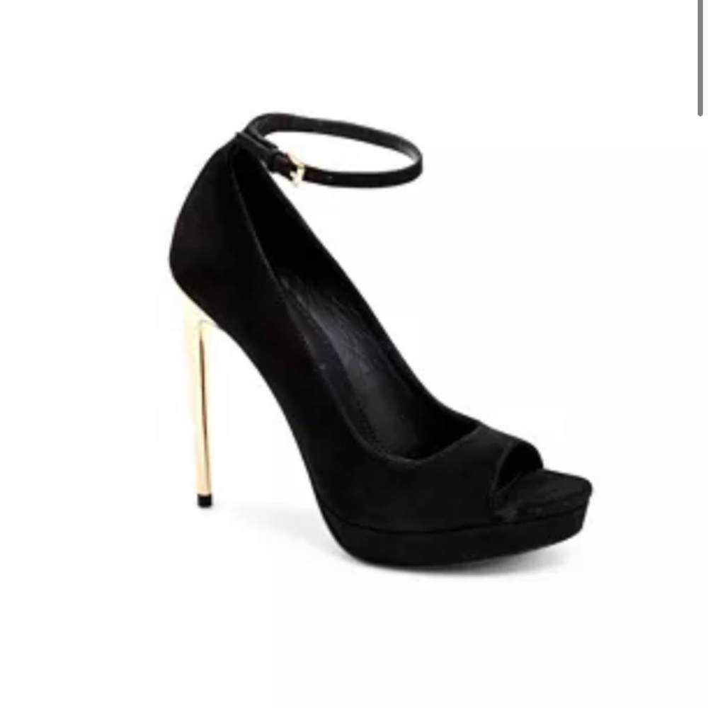 BCBG Black Peep Toe Gold Heel Stiletto